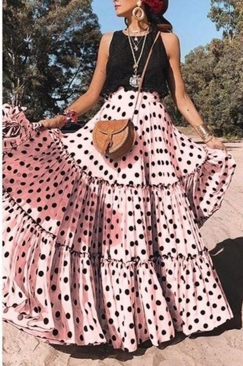 Polka Dot Maxi Layered High Waist Pleated Skirt - Debshops