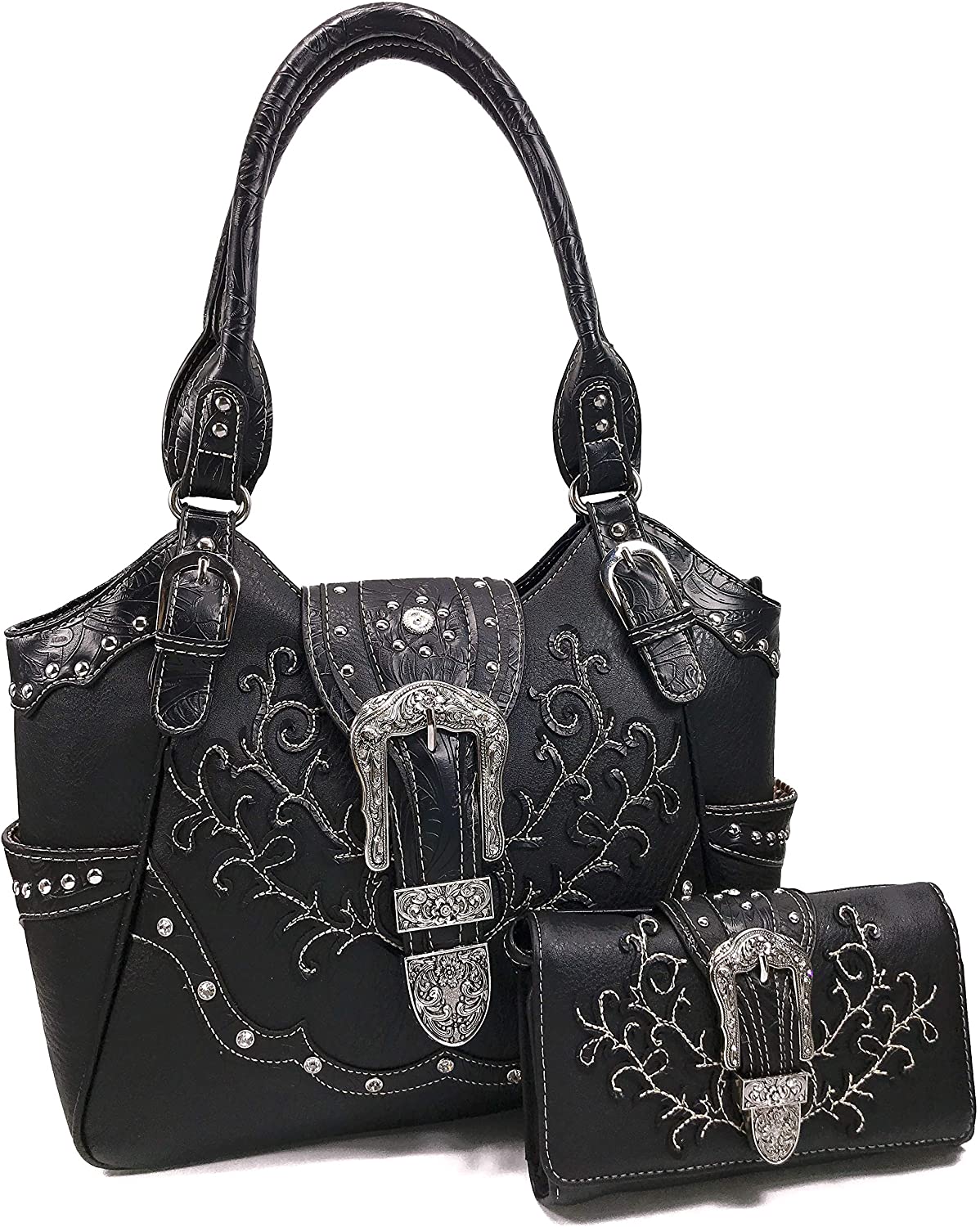 Floral Embroidery Buckle Shoulder Concealed Carry Shoulder Handbag with Cross-Body Wallet - Debshops