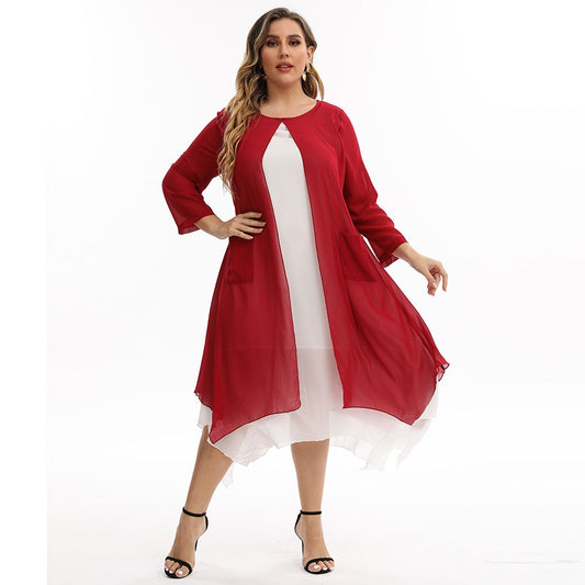 Plus Size Long Sleeve Chiffon Double Midi Dress - Deb Shops