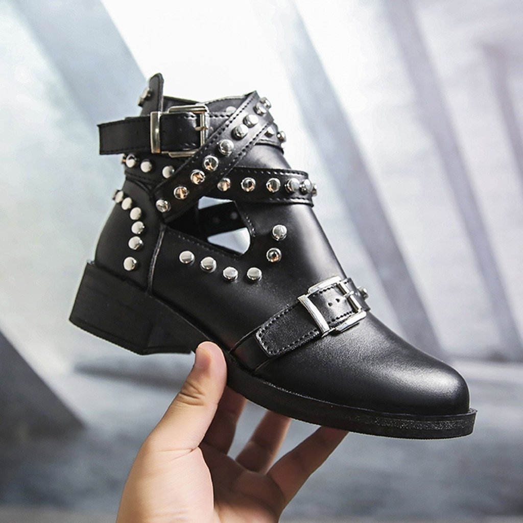 Retro Rivet Motorcycle Leather Ankle Boots Low Heel - Debshops