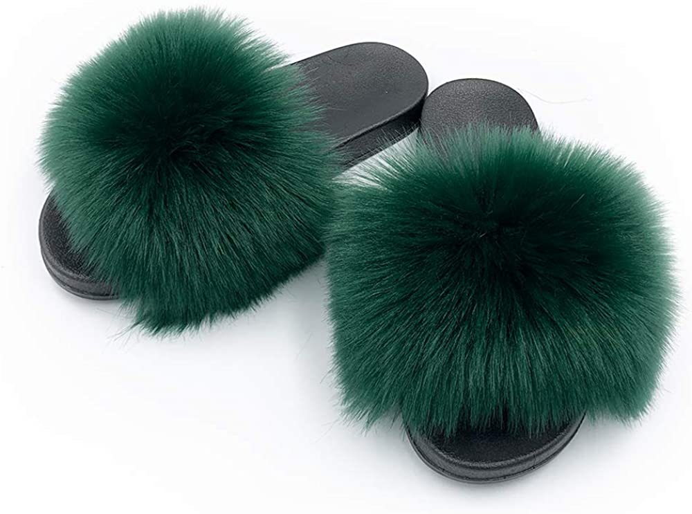 Faux Fur Slippers Fluffy Fuzzy Sandals Open Toe Slides Flip Flop - Debshops