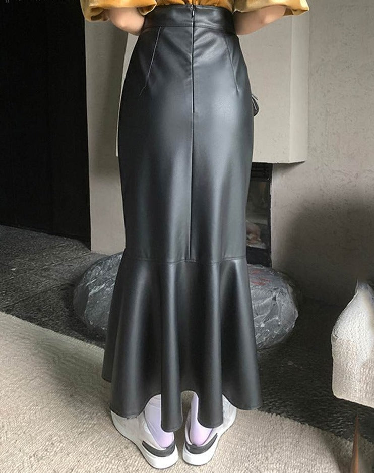 ZANZEA Women PU Leather Midi Skirts 2022 Fashion High Waist Faldas Vintage Ruffles Pleated Jupe Autumn Solid Mermaid Skirts - Debshops