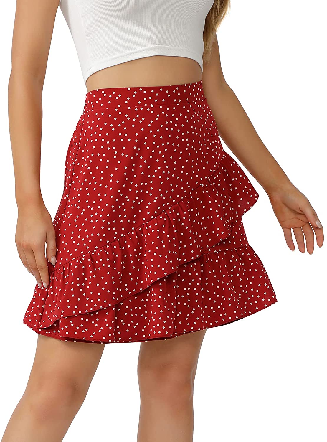 Women's Floral Flowy Skirt, Hight Waist Tiered Ruffle Mini Skirt with Drawstring - Debshops