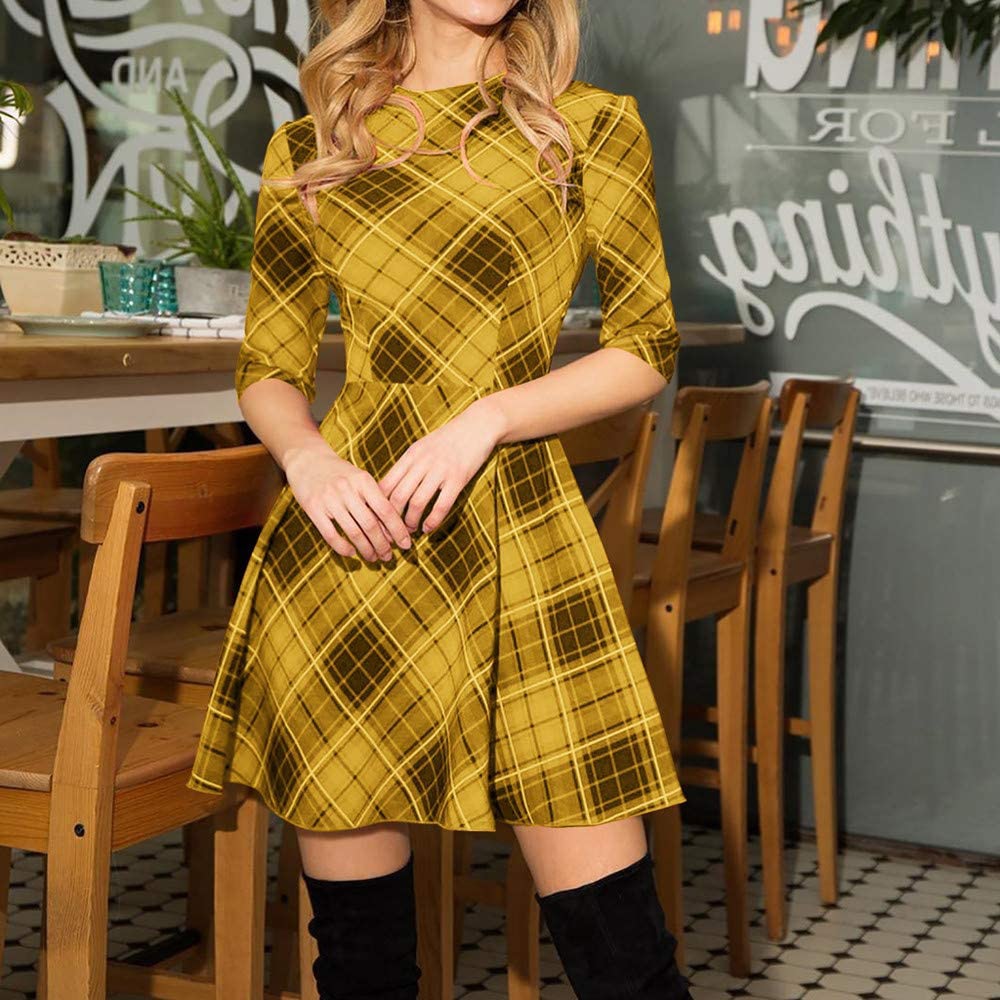 Plaid 3/4 Sleeve Slim Mini Christmas Vestidos Dress - Debshops