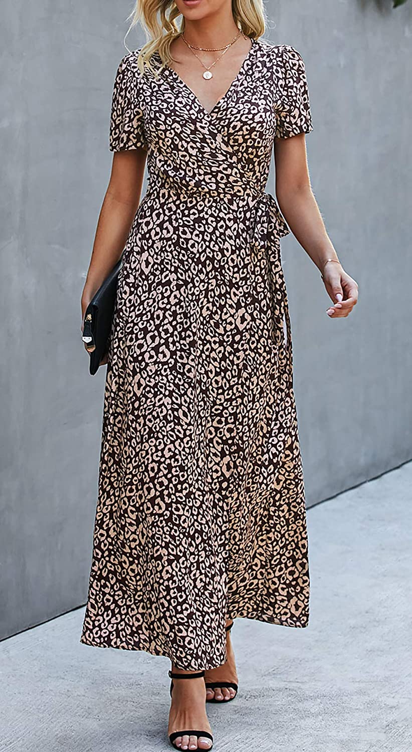 Women’s V Neck Wrap Vintage Floral Print Short Sleeve Split Belted Flowy Boho Beach Long Dress - Debshops
