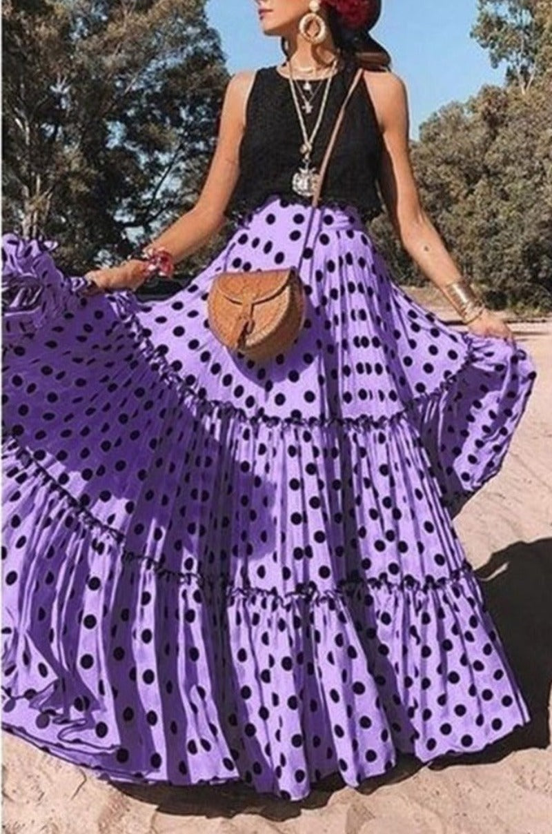 Polka Dot Maxi Layered High Waist Pleated Skirt - Debshops