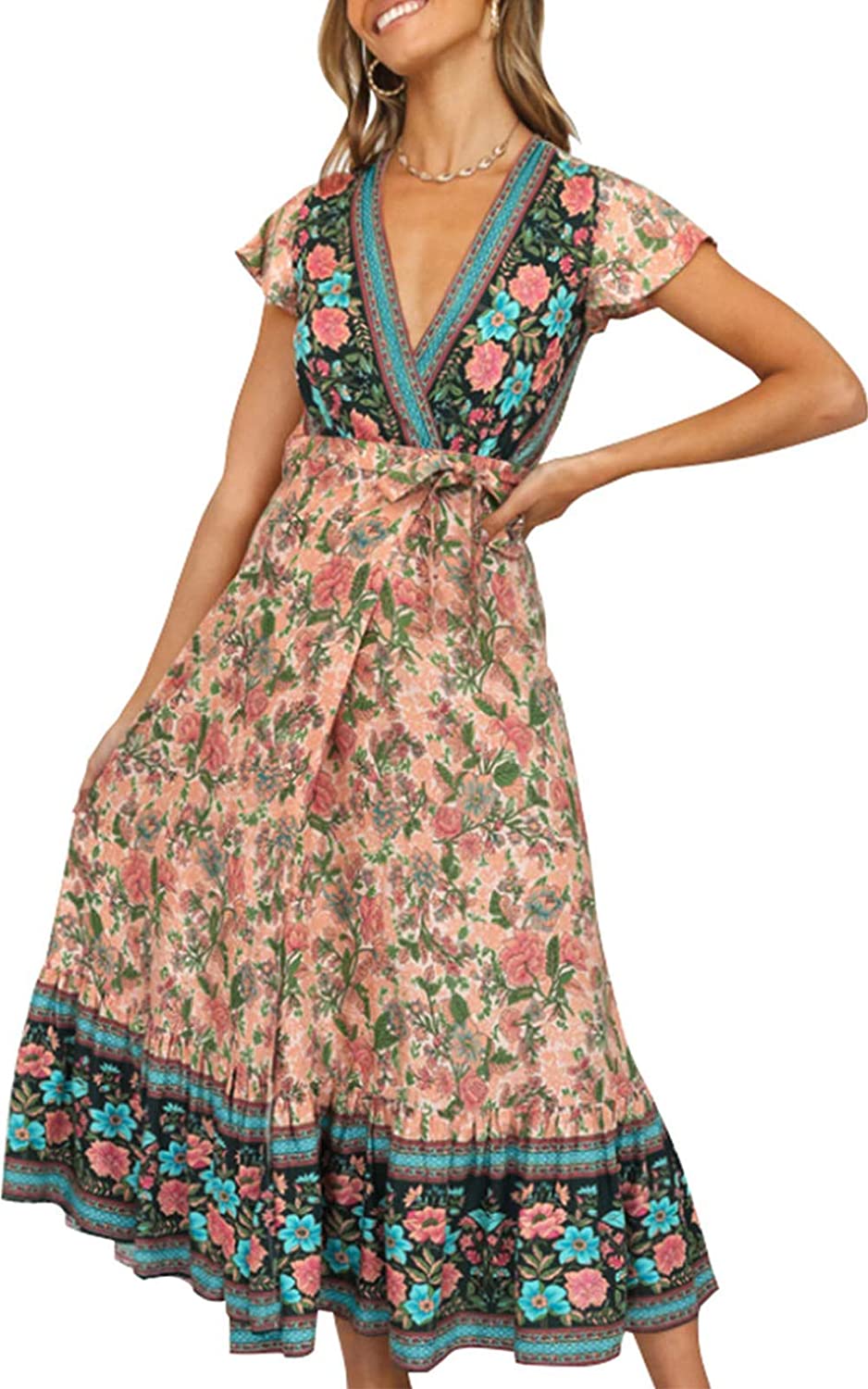 Women’s V Neck Wrap Vintage Floral Print Short Sleeve Split Belted Flowy Boho Beach Long Dress - Debshops