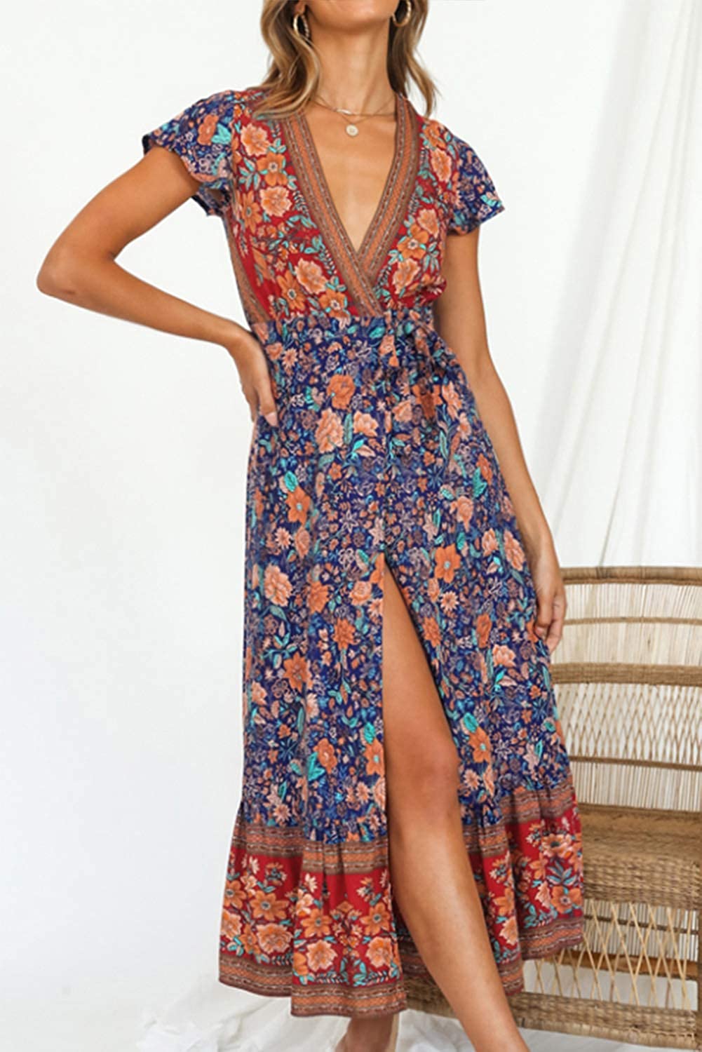 Women’s V Neck Wrap Vintage Floral Print Short Sleeve Split Belted Flowy Boho Beach Long Dress - Debshops