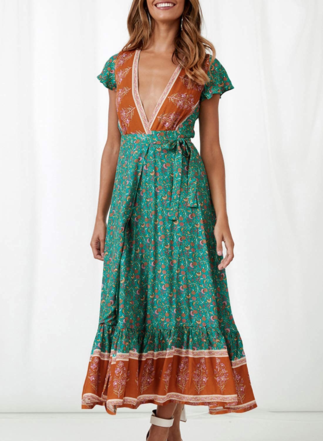 Women’s V Neck Wrap Vintage Floral Print Short Sleeve Split Belted Flowy Boho Beach Long Dress - Debshops