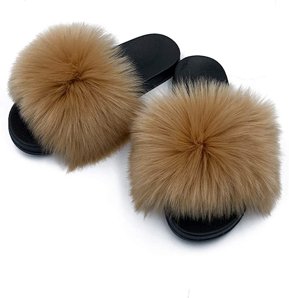 Faux Fur Slippers Fluffy Fuzzy Sandals Open Toe Slides Flip Flop - Debshops