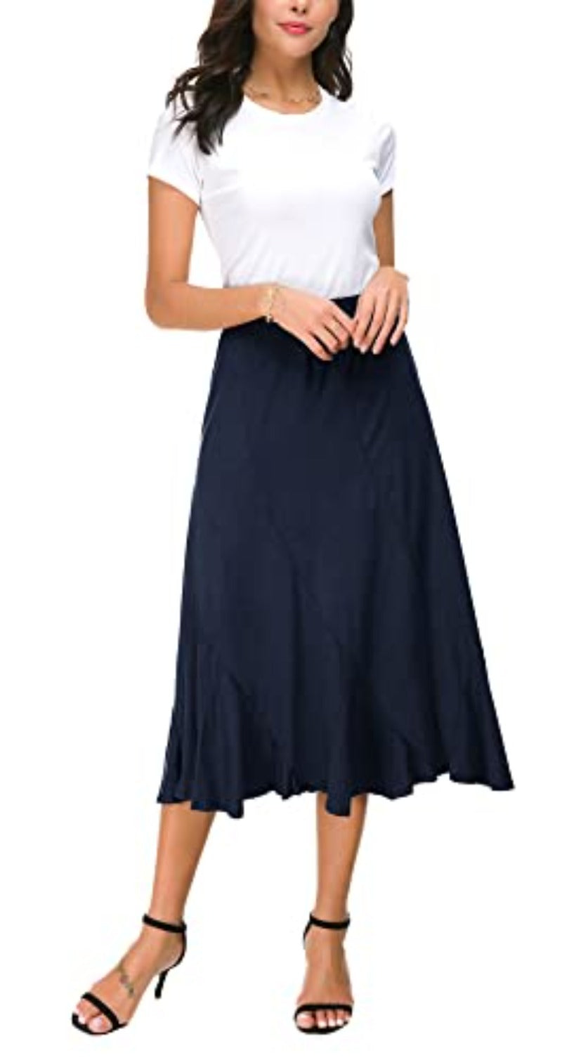 Women's Elegant Ankle Length Ruffle Hem Elastic Waist Midi Skirt - Debshops