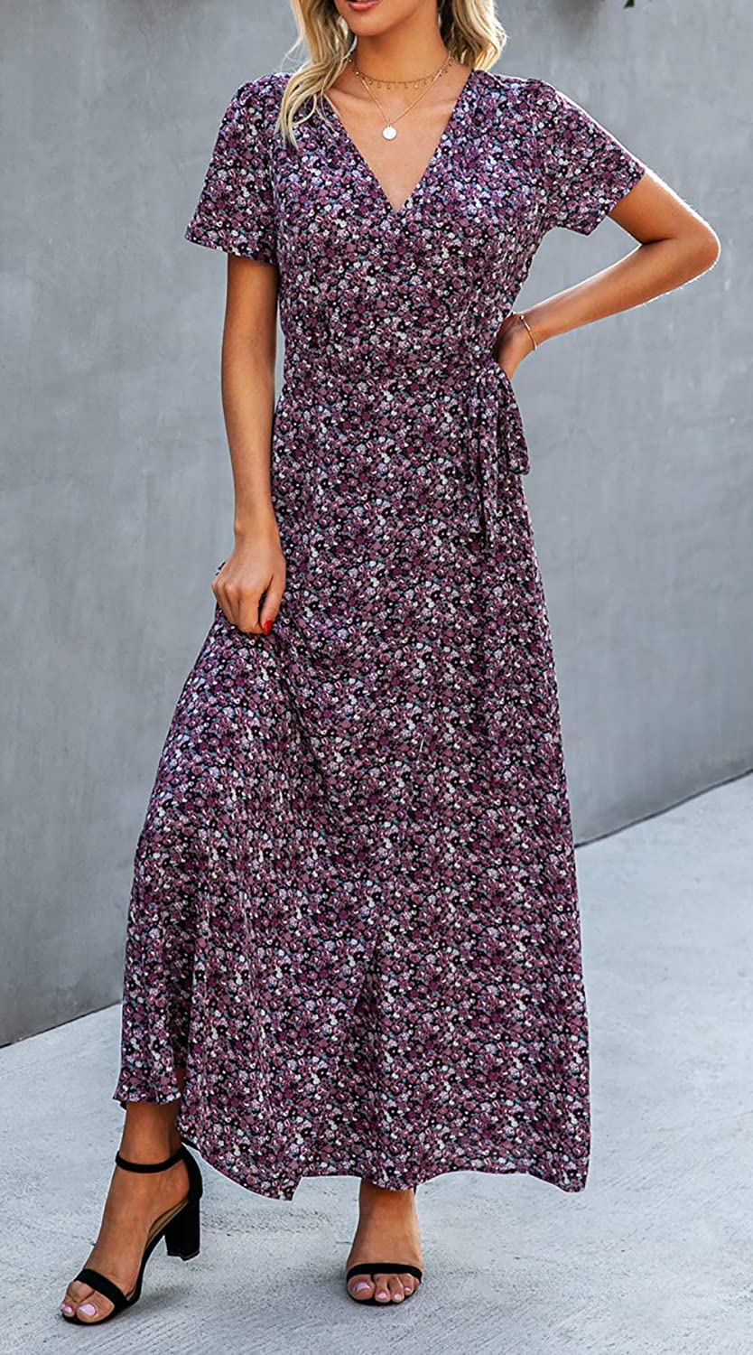 Women’s V Neck Wrap Vintage Floral Print Short Sleeve Split Belted Flowy Boho Beach Long Dress - Debshops