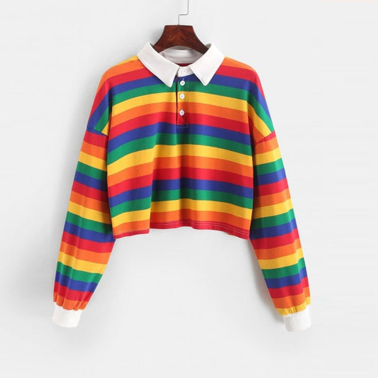 Rainbow Patchwork Button Turn-down Crop Pullover - Debshops