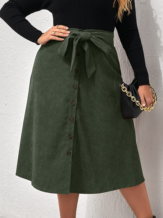 Women's Plus Casual High Waist Button Front Belted Midi Flare Skirt - Debshops