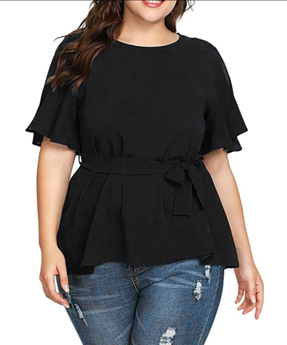 Plus Size Sleeve Shirt Belted Top - Deb Shops