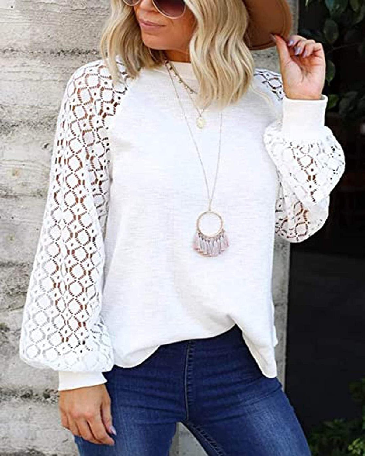 Women's Long Sleeve Tops Lace Hollow Out Waffle Casual Loose Blouse - Debshops