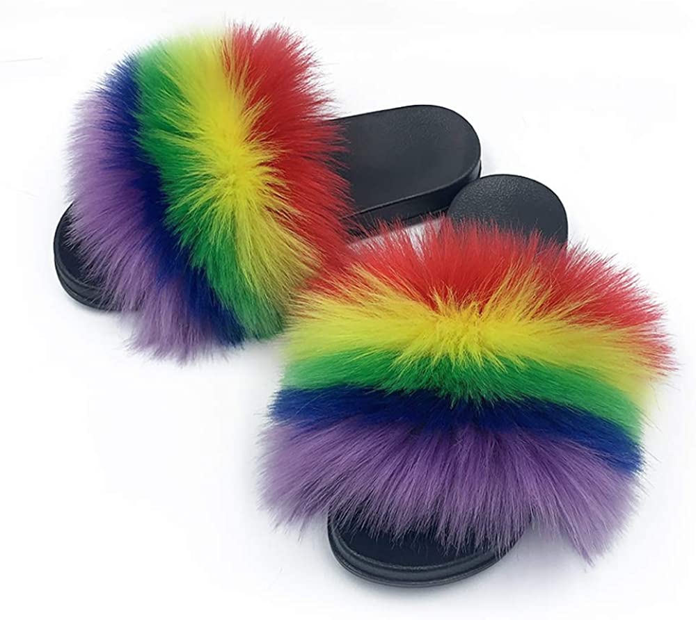 Faux Fur Slippers Fluffy Fuzzy Sandals Open Toe Slides Flip Flop - Debshops