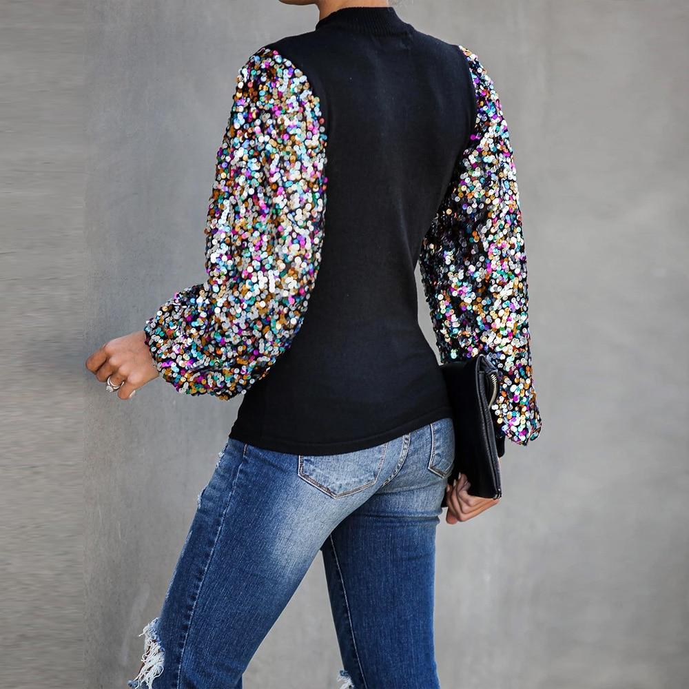 Sequins Turtleneck Spring Long Puff Sleeve - Debshops