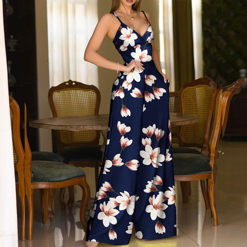 Deep V Neck Leaf Print Off Shoulder Elegant Wide Leg Pants Jumpsuit - Debshops
