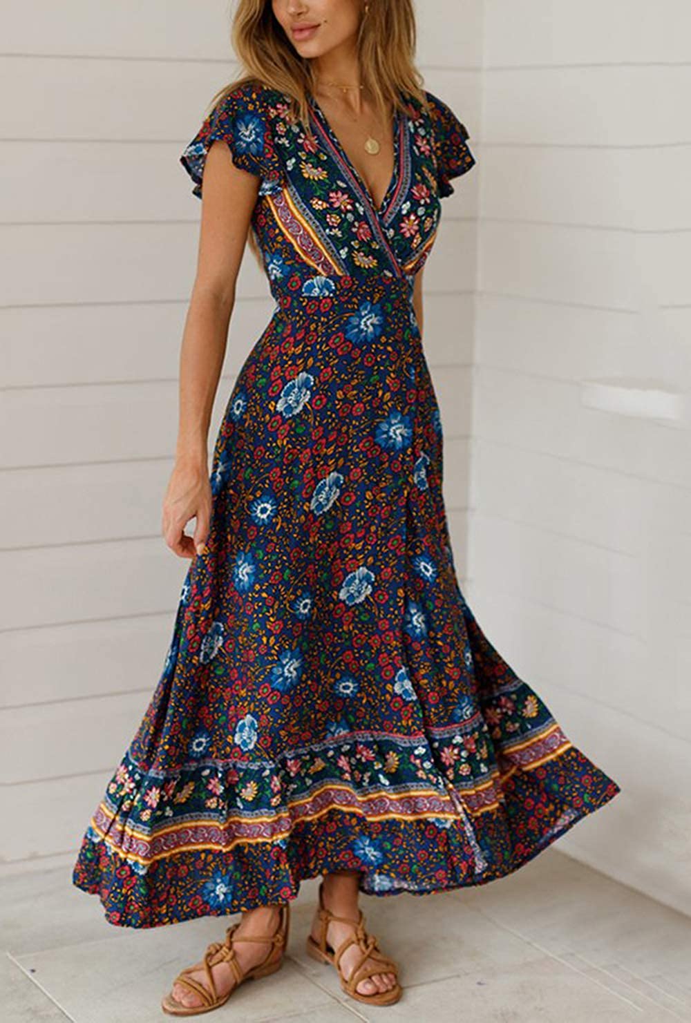 Women’s V Neck Wrap Vintage Floral Print Short Sleeve Split Belted Flowy Boho Beach Long Dress - Debshops