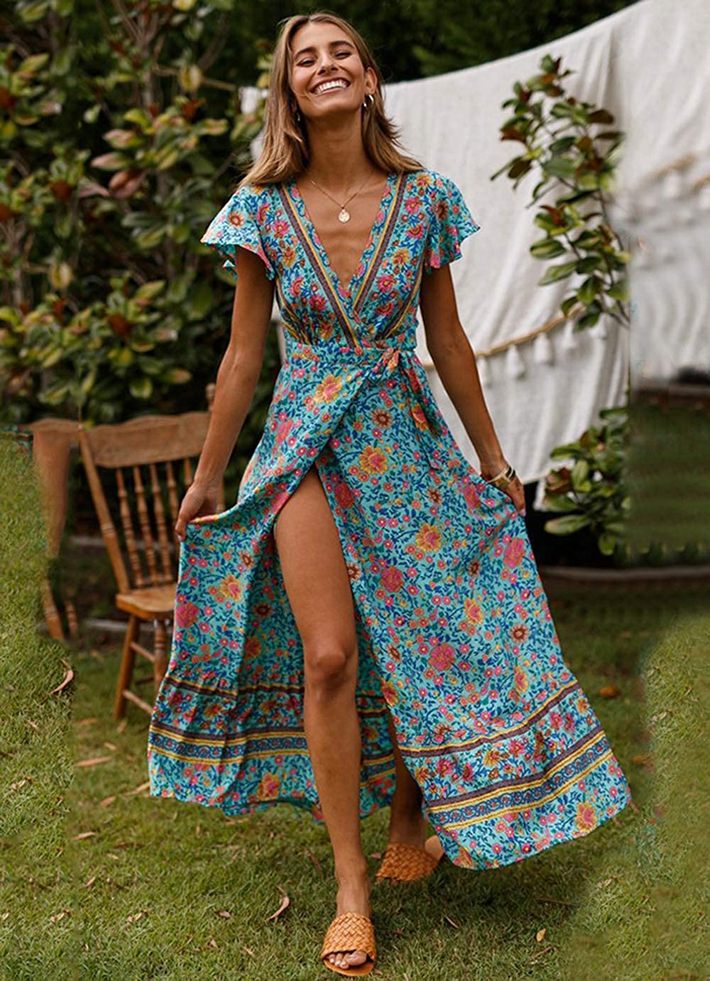 Women’s V Neck Wrap Vintage Floral Print Short Sleeve Split Belted Flowy Boho Beach Long Dress - Debshops