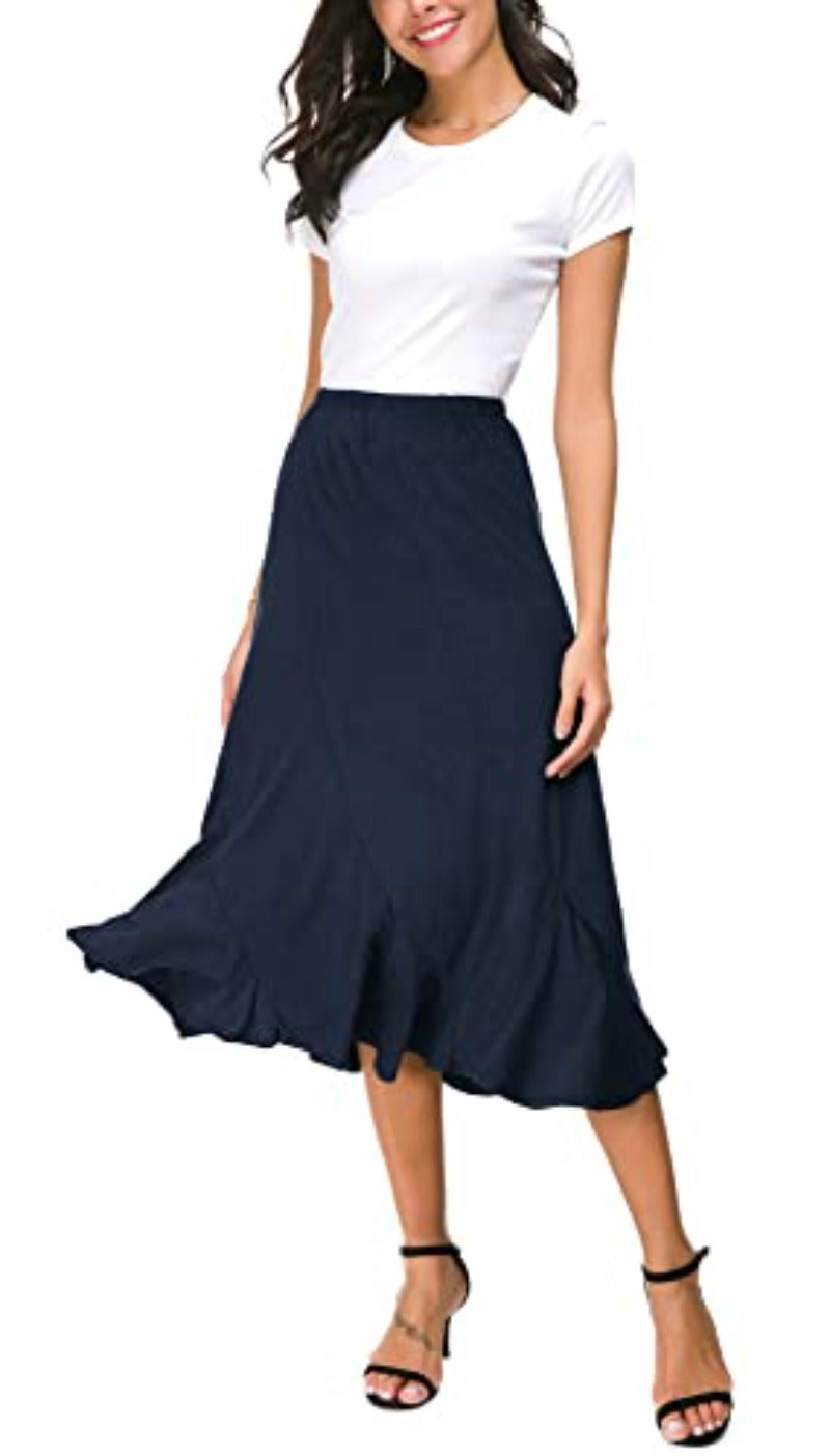 Women's Elegant Ankle Length Ruffle Hem Elastic Waist Midi Skirt - Debshops