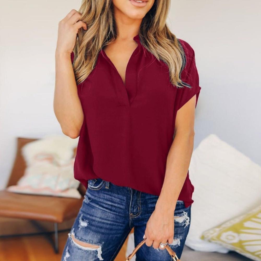 Chiffon V Neck Short Sleeve Blouse - Debshops