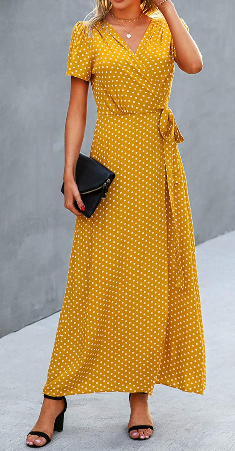 Women’s V Neck Wrap Vintage Floral Print Short Sleeve Split Belted Flowy Boho Beach Long Dress - Debshops