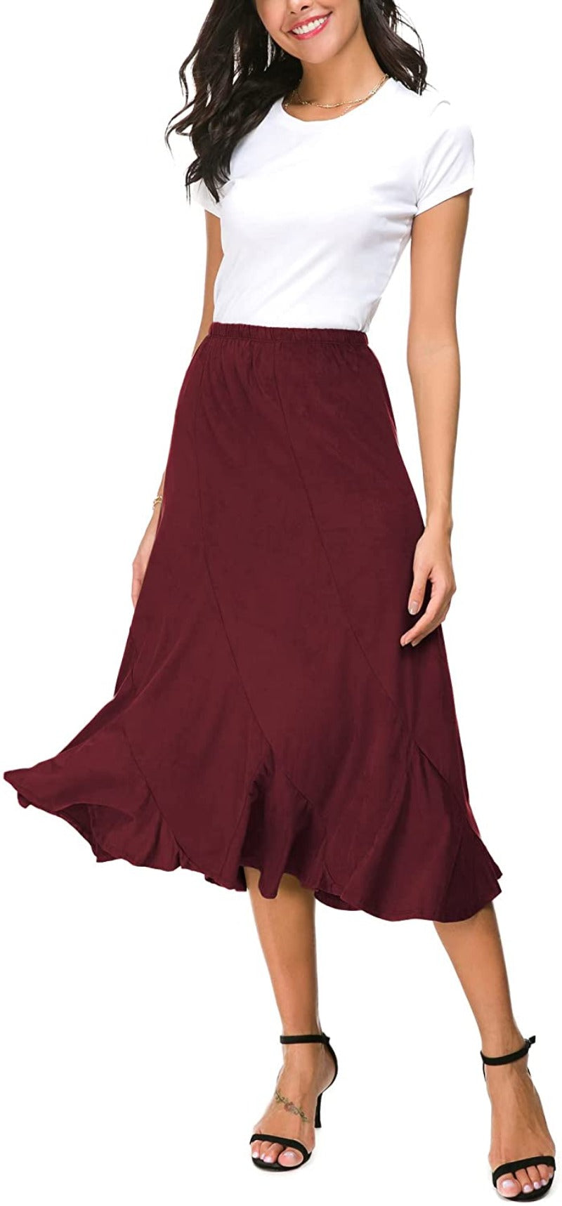 Women's Elegant Ankle Length Ruffle Hem Elastic Waist Midi Skirt - Debshops