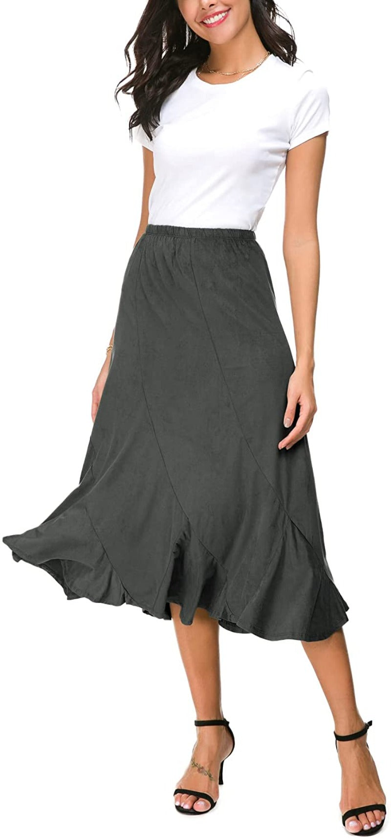 Women's Elegant Ankle Length Ruffle Hem Elastic Waist Midi Skirt - Debshops