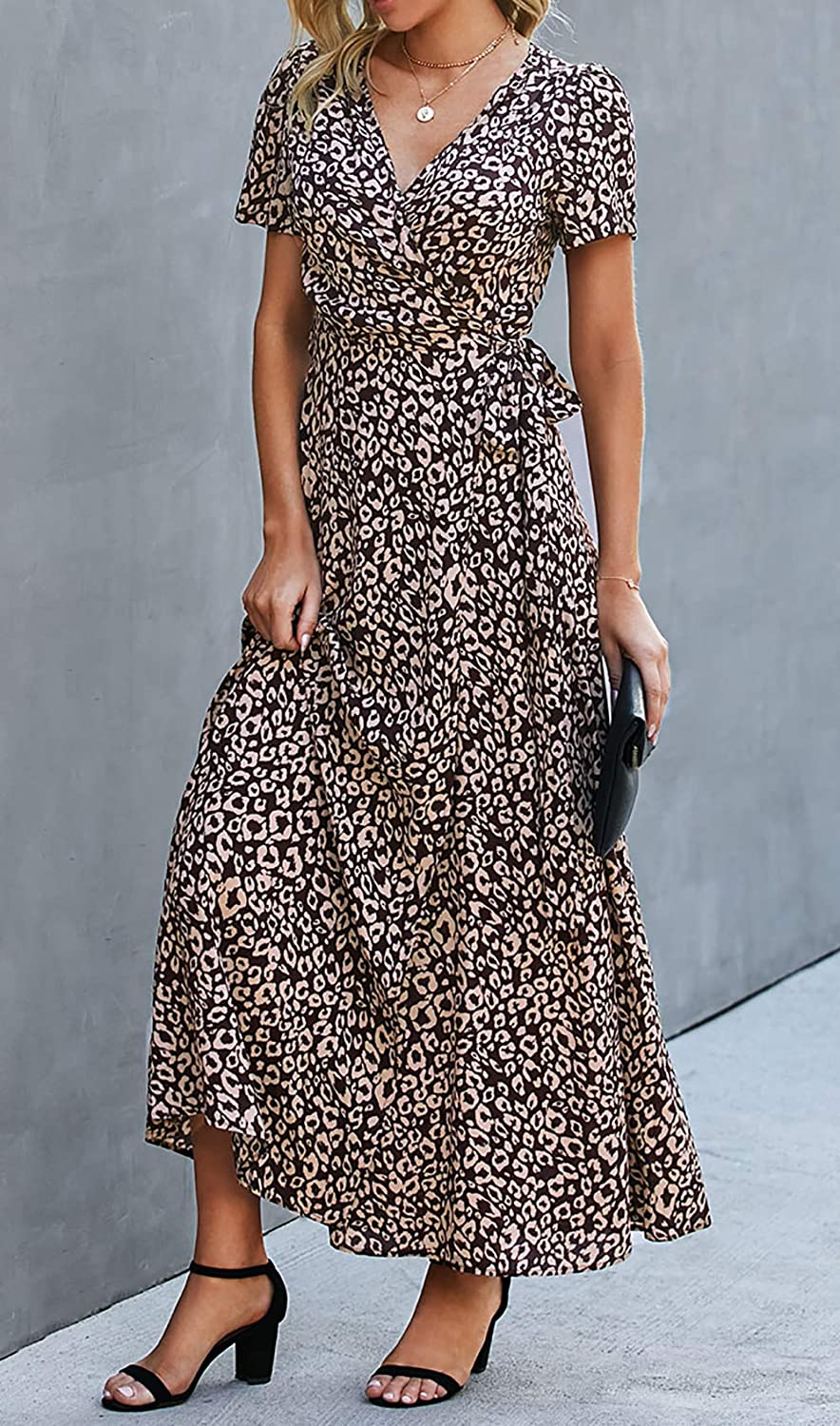 Women’s V Neck Wrap Vintage Floral Print Short Sleeve Split Belted Flowy Boho Beach Long Dress - Debshops