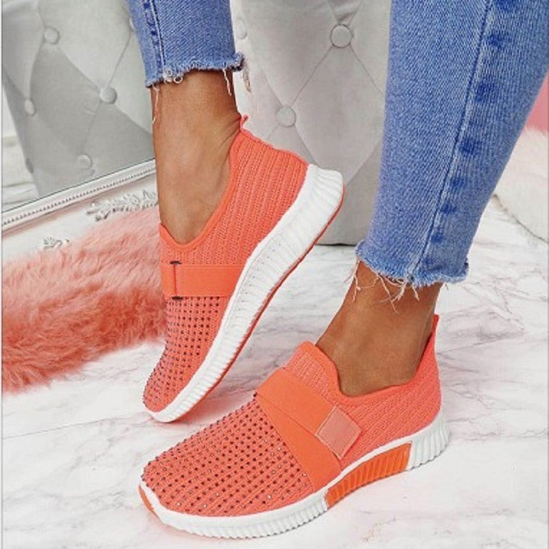 Mesh Breathable Sport Rhinestone Platform Flat Vulcanized Comfort Footwear - Debshops