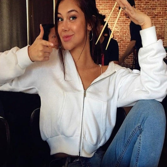 Zip Up Pockets Slim Crop Drawstring Hoodies - Debshops