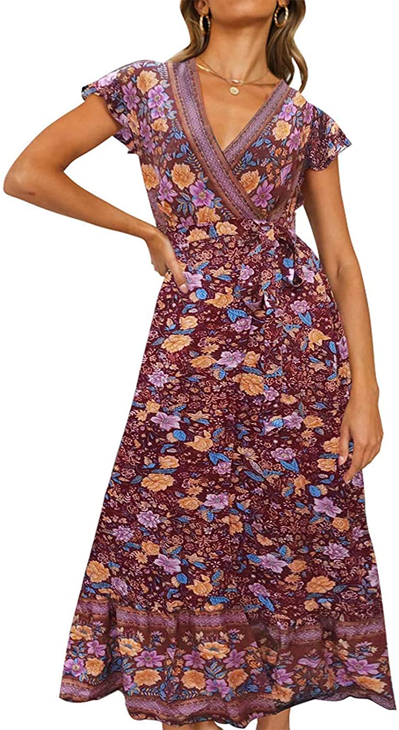 Women’s V Neck Wrap Vintage Floral Print Short Sleeve Split Belted Flowy Boho Beach Long Dress - Debshops