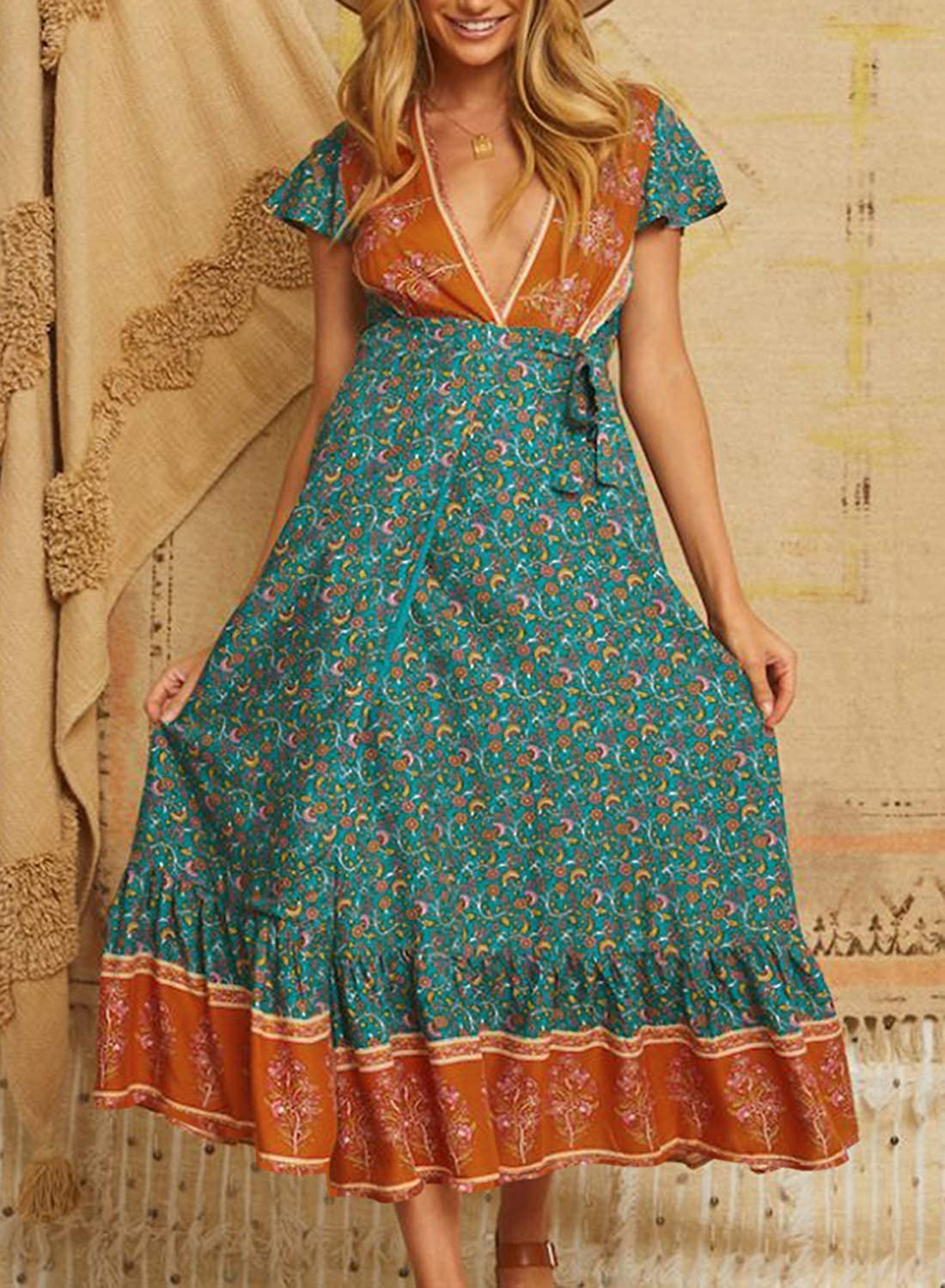 Women’s V Neck Wrap Vintage Floral Print Short Sleeve Split Belted Flowy Boho Beach Long Dress - Debshops
