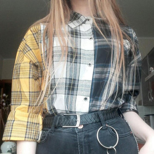 Plaid Blouse Mandarin Collar - Debshops