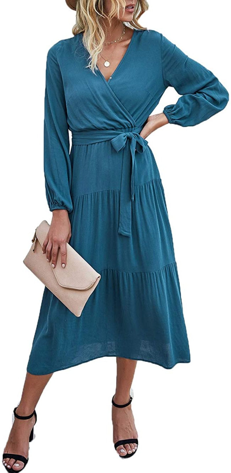 Women’s V Neck Wrap Vintage Floral Print Short Sleeve Split Belted Flowy Boho Beach Long Dress - Debshops