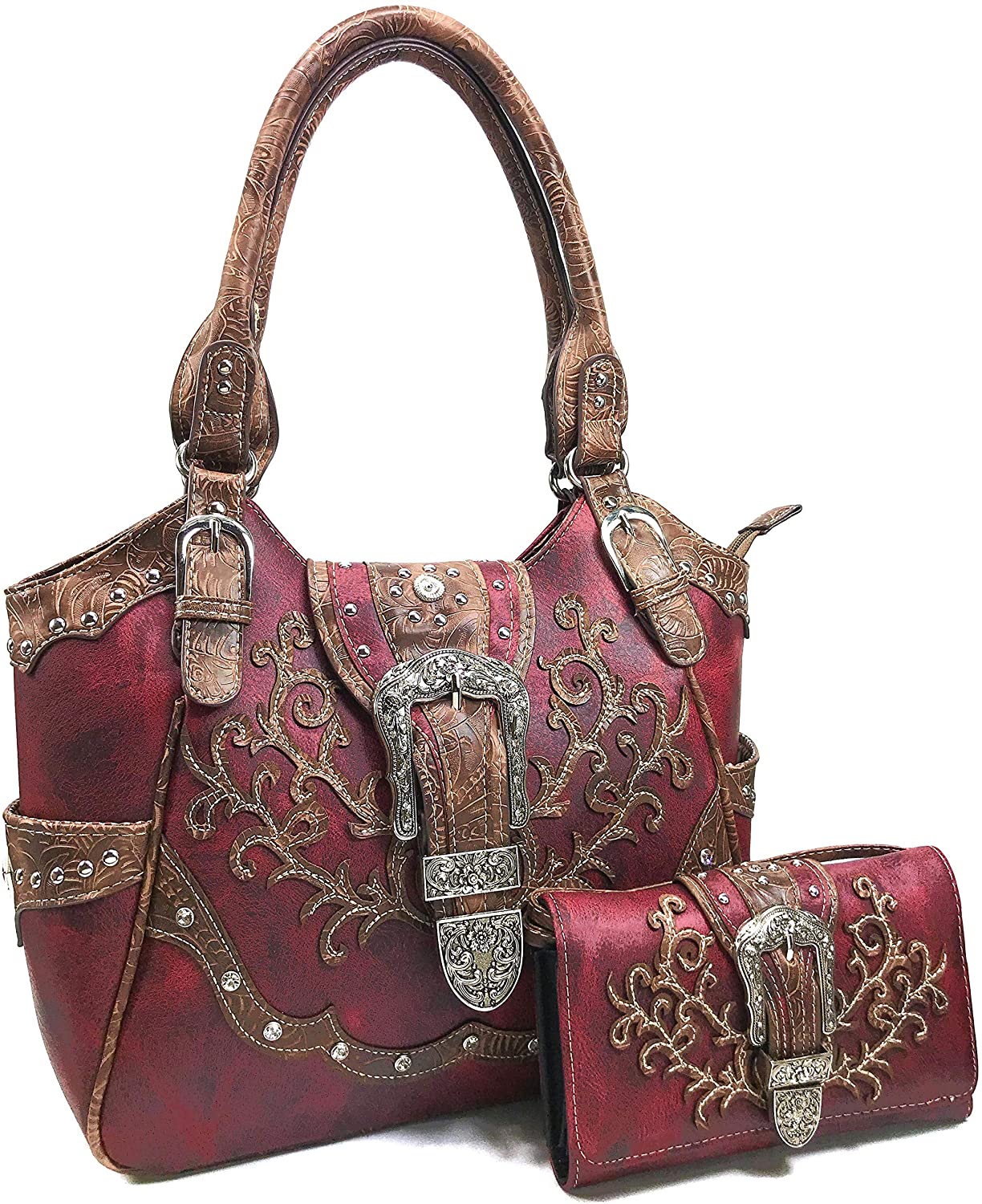 Floral Embroidery Buckle Shoulder Concealed Carry Women Tote Purse Handbag with Cross-Body Wallet Set - Debshops