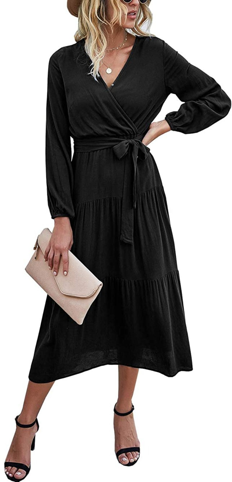 Women’s V Neck Wrap Vintage Floral Print Short Sleeve Split Belted Flowy Boho Beach Long Dress - Debshops
