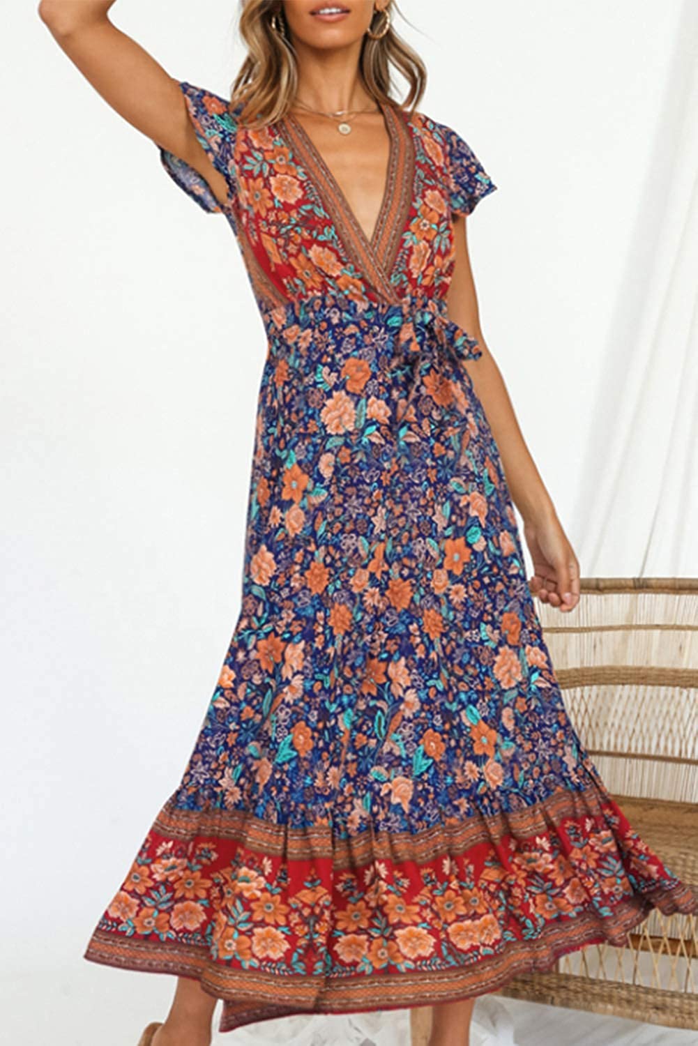 Women’s V Neck Wrap Vintage Floral Print Short Sleeve Split Belted Flowy Boho Beach Long Dress - Debshops
