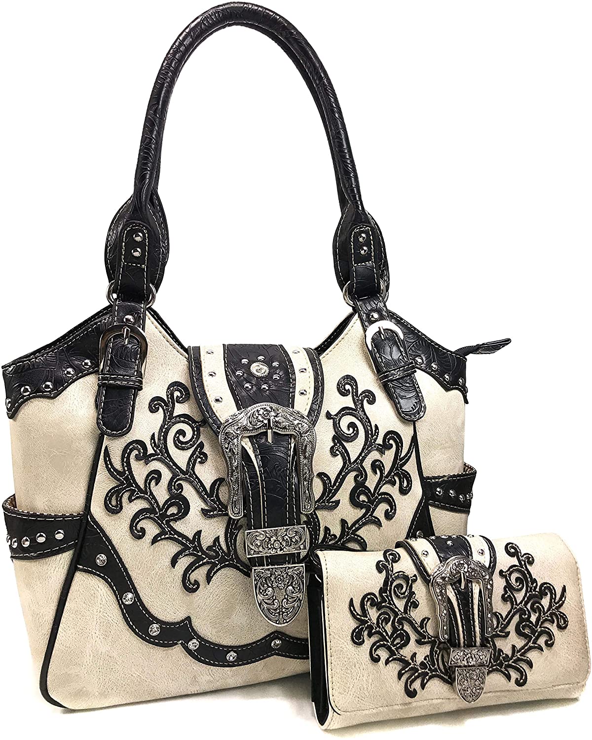 Floral Embroidery Buckle Shoulder Concealed Carry Shoulder Handbag with Cross-Body Wallet - Debshops