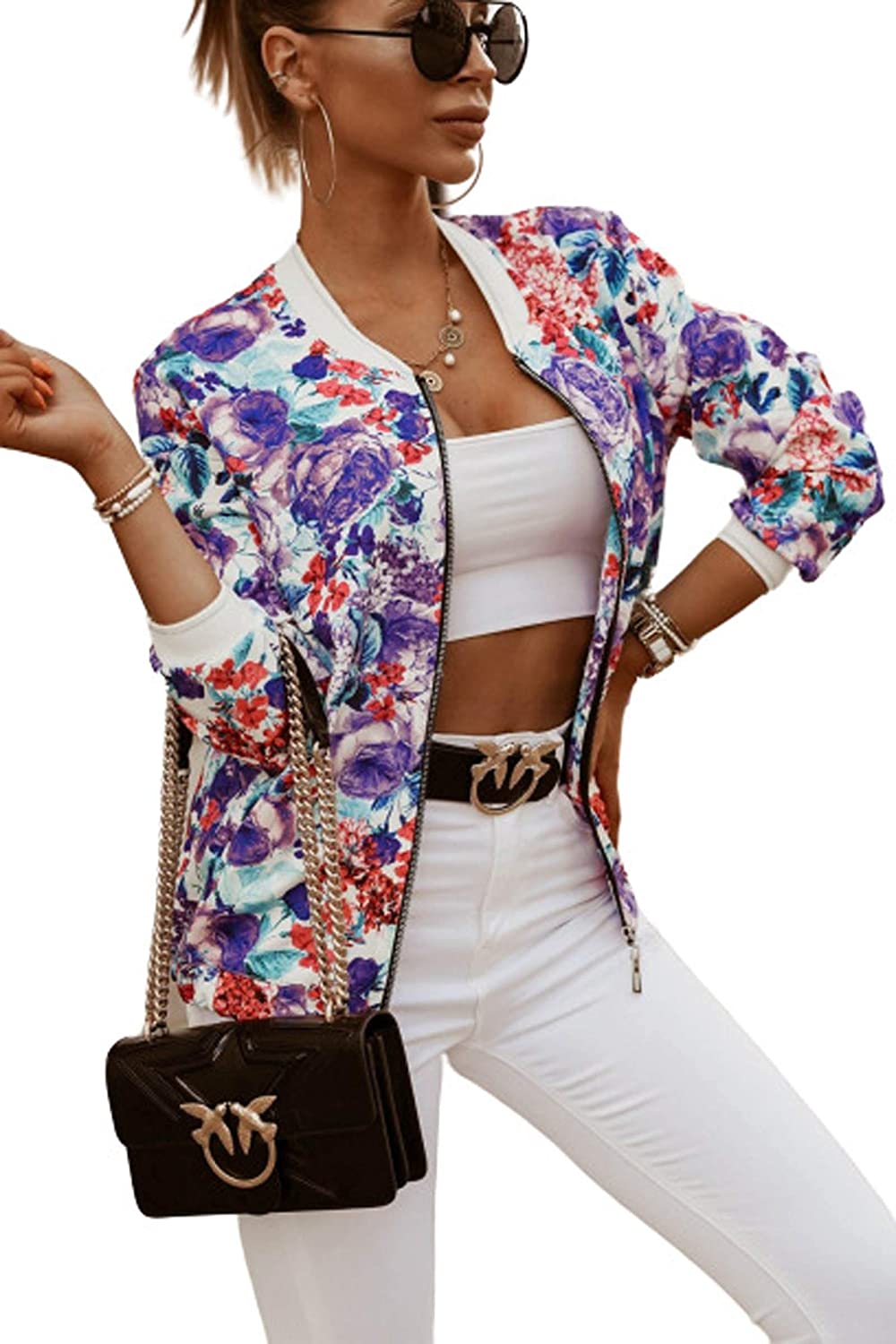 Womens Jackets Lightweight Zip Up Casual Bomber Jacket Coat Stand Collar Blazers Outwear - Debshops