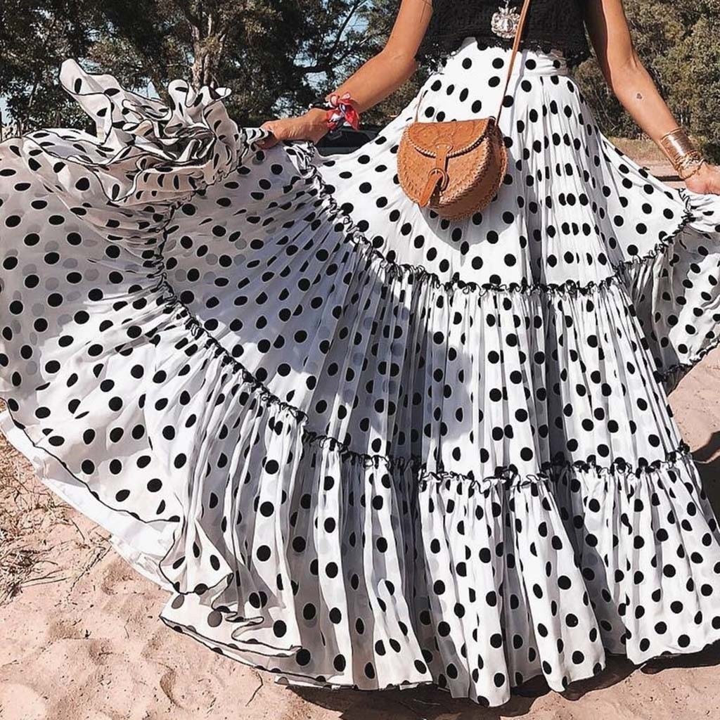 Polka Dot Maxi Layered High Waist Pleated Skirt - Debshops