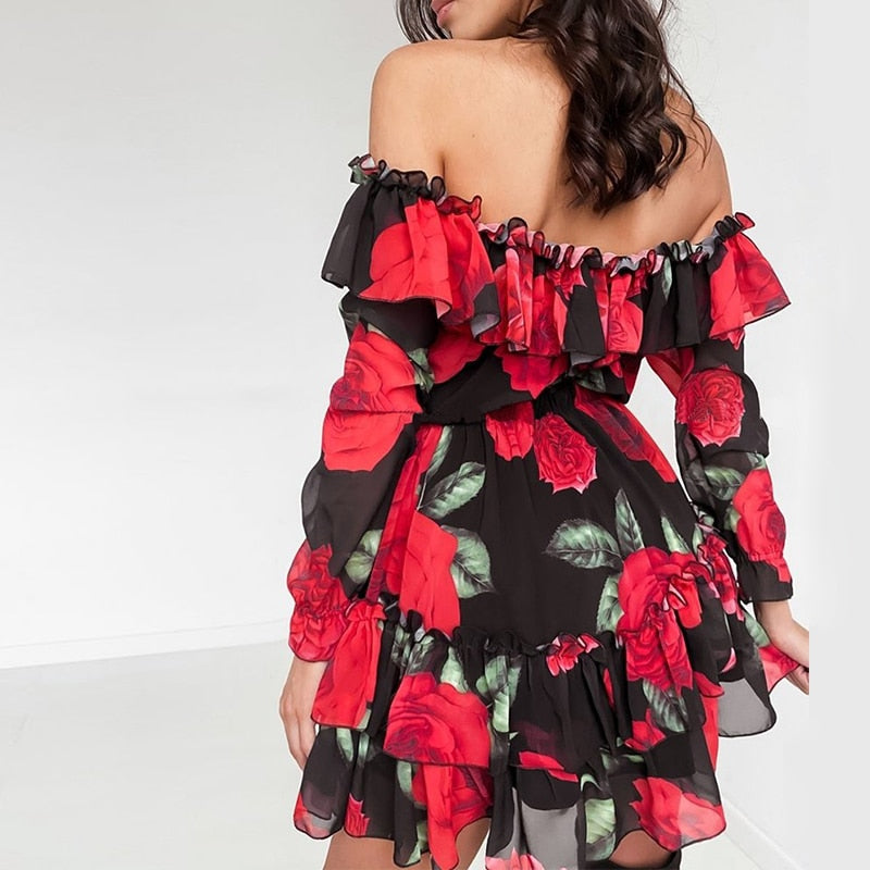 Women Off Shoulder Ruffles Flower Print Dress Spring Long Sleeve Elegant Party Dress Chiffon - Debshops