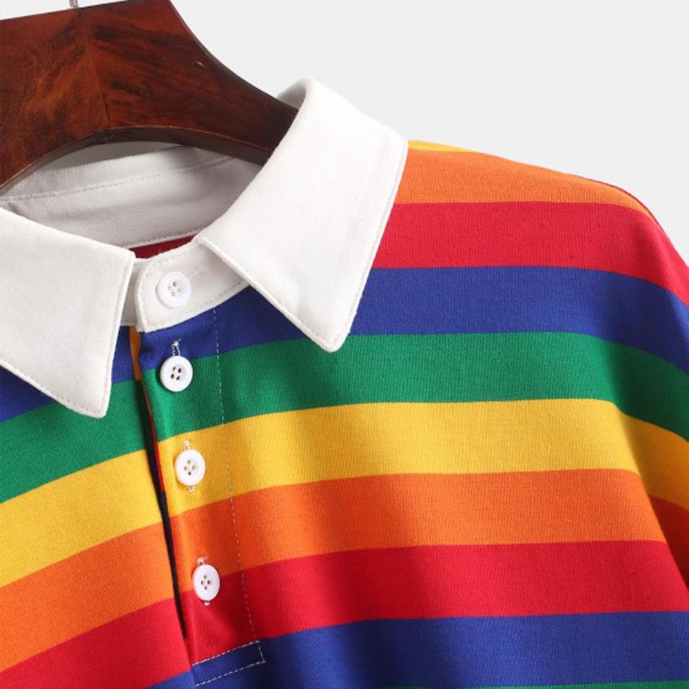 Rainbow Patchwork Button Turn-down Crop Pullover - Debshops