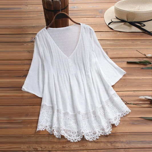 Three Quarter Lace V Neck Button Blouse - Debshops