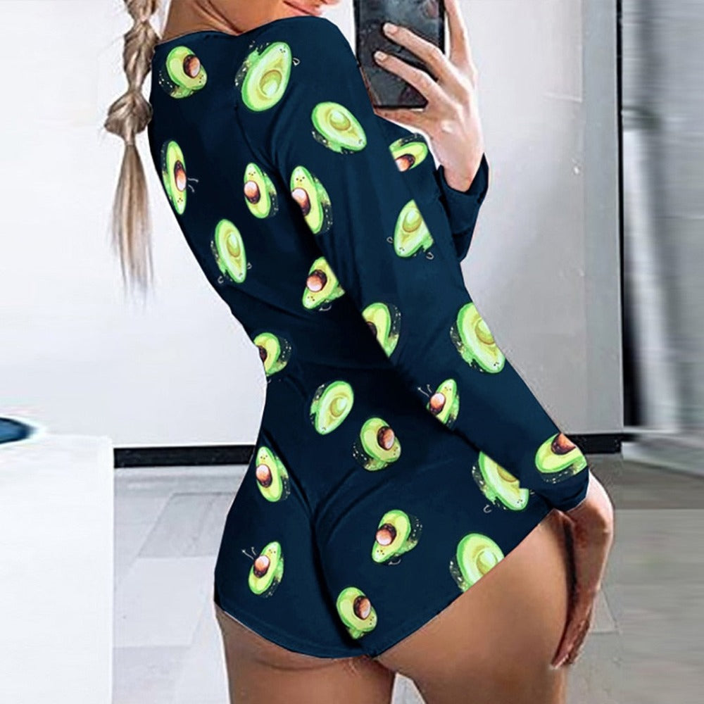 Long Sleeve V Neck Love Pattern Print Pajama Romper - Debshops