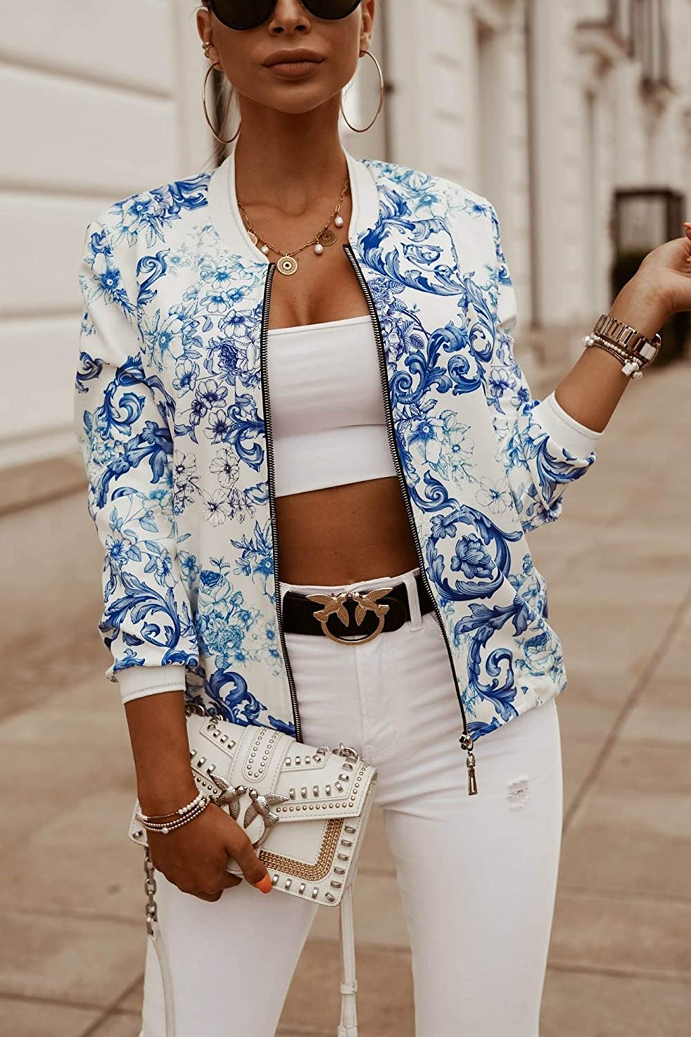 Womens Jackets Lightweight Zip Up Casual Bomber Jacket Coat Stand Collar Blazers Outwear - Debshops