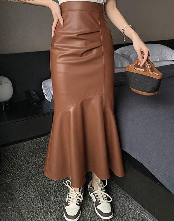 ZANZEA Women PU Leather Midi Skirts 2022 Fashion High Waist Faldas Vintage Ruffles Pleated Jupe Autumn Solid Mermaid Skirts - Debshops