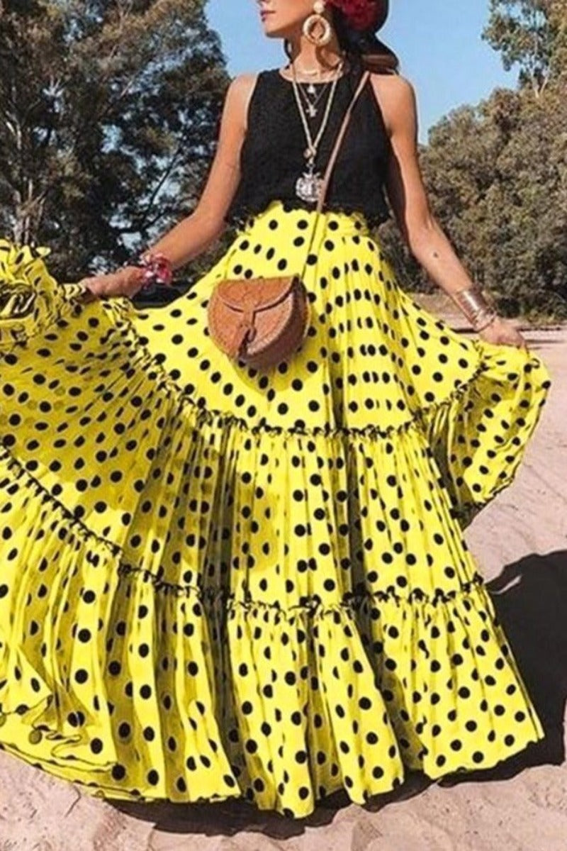 Polka Dot Maxi Layered High Waist Pleated Skirt - Debshops
